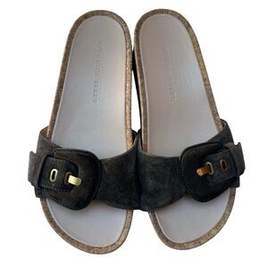 Veronica Beard Olive Green & Brown m Slide Sandals with Gold Buckle